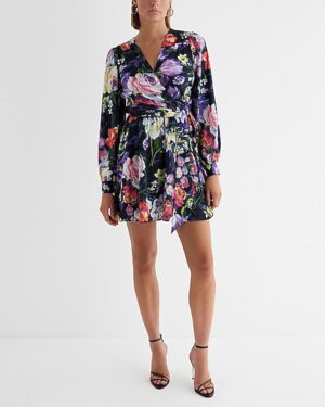 Floral V-Neck Long Sleeve Tie Waist Mini Dress