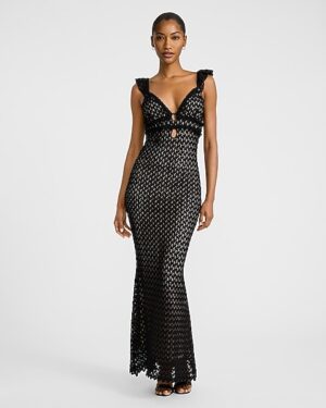 Crochet V-Neck Sleeveless Cutout Ruffled Maxi Dress