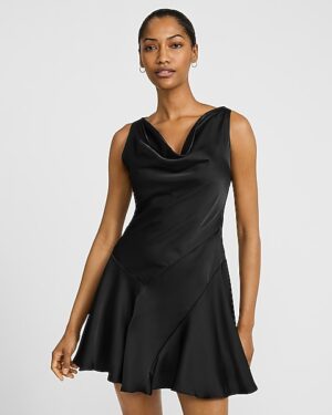 Satin Cowl Neck Fit And Flare Mini Dress