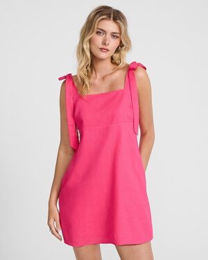 Linen-Blend Square Neck Tie Strap Mini Shift Dress