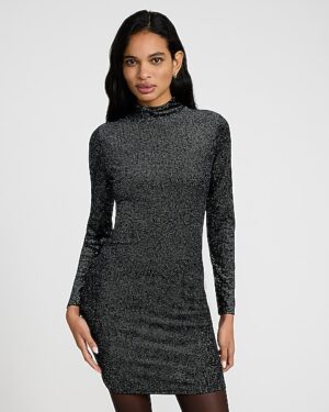 Shine Velvet Mock Neck Long Sleeve Mini Dress