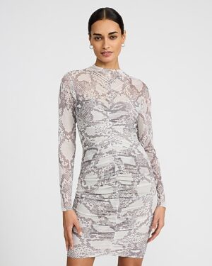 Snakeskin Print Mesh Mock Neck Ruched Mini Sheath Dress