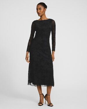 Velvet Floral Mesh Crew Neck Long Sleeve Midi Dress