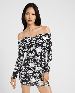 Floral Off The Shoulder Long Sleeve Ruched Mini Dress