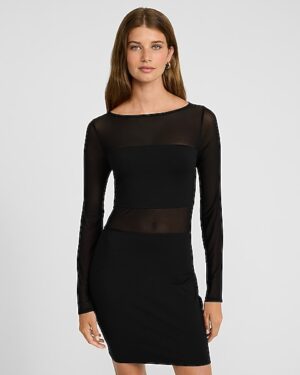 Mesh Boat Neck Long Sleeve Mini Sheath Dress