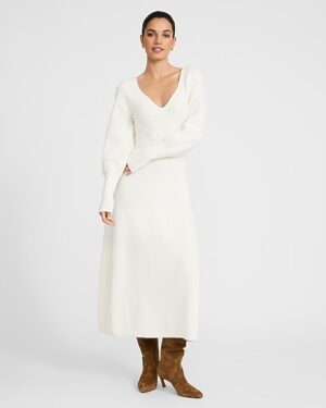 Ribbed V-Neck Puff Sleeve Maxi Sweater Dress