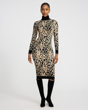 Leopard Turtleneck Long Sleeve Midi Sweater Dress