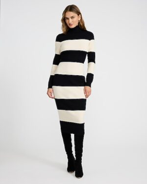 Striped Turtleneck Long Sleeve Midi Sweater Dress