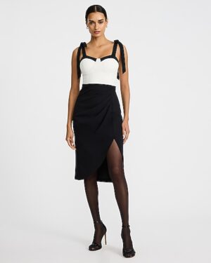 Color Block Tie Strap Sweetheart Draped Midi Sheath Dress