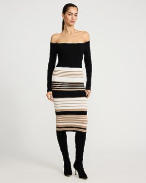 Striped Off The Shoulder Long Sleeve Midi Sweater Dress