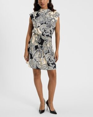 Paisley Mock Neck Smocked Waist Mini Dress
