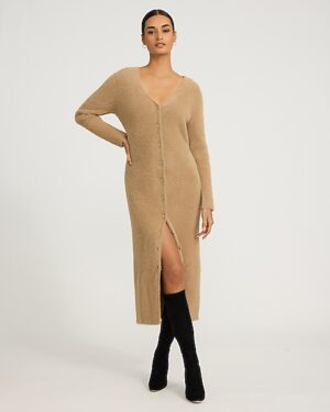Fuzzy V-Neck Long Sleeve Button Front Midi Sweater Dress