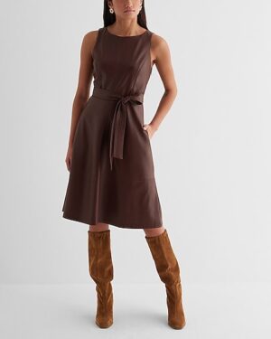 Faux Leather Crew Neck Tie Waist Midi Dress