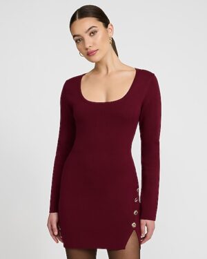 Gold Novelty Button Scoop Neck Mini Sweater Dress