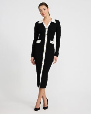 Long Sleeve Button Front Sweater Polo Midi Dress