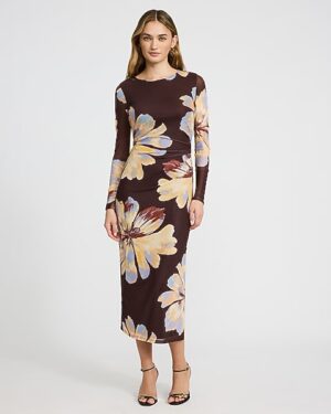 Floral Mesh Crew Neck Long Sleeve Ruched Midi Dress