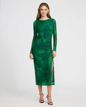 Printed Mesh Crew Neck Long Sleeve Midi Dress
