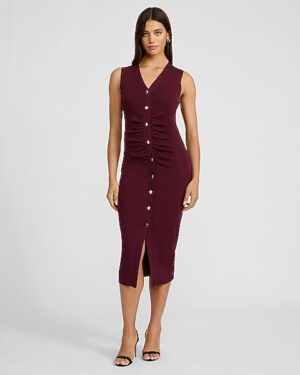 Sleeveless Button Front Ruched Midi Dress