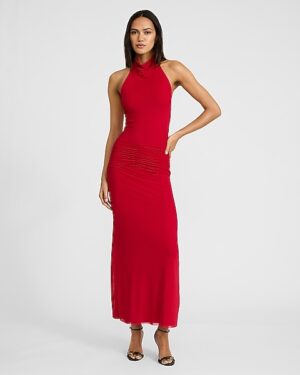 Mesh Halter Low Back Ruched Maxi Sheath Dress