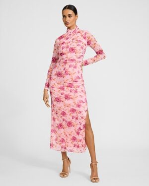 Floral Mesh Twist Mock Neck Maxi Sheath Dress