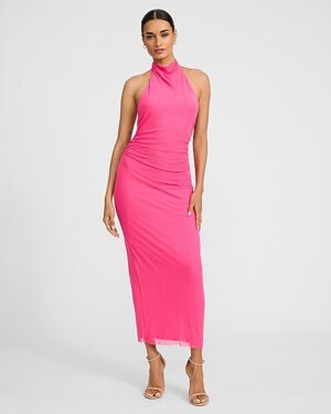 Mesh Halter Low Back Maxi Sheath Dress