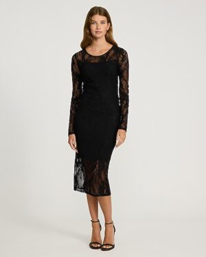 Lace Crew Neck Long Sleeve Midi Sheath Dress