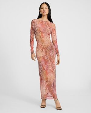 Printed Mesh Boat Neck Long Sleeve Maxi Dress