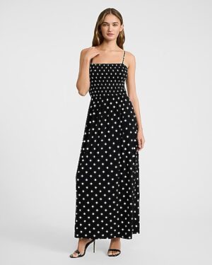 Polka Dot Square Neck Sleeveless Smocked Cutout Maxi Dress with Pockets