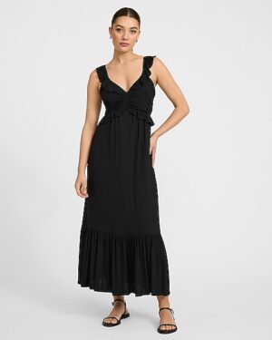 V-Neck Ruched Ruffle Waist Sleeveless Tiered Maxi Dress