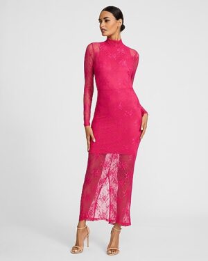 Long Sleeve Mock Neck Lace Maxi Dress
