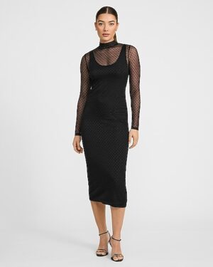 Polka Dot Mesh Mock Neck Long Sleeve Midi Dress