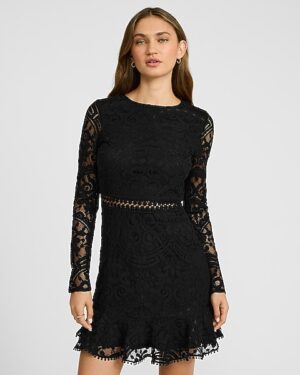 Lace Crew Neck Long Sleeve Ruffle Mini Dress