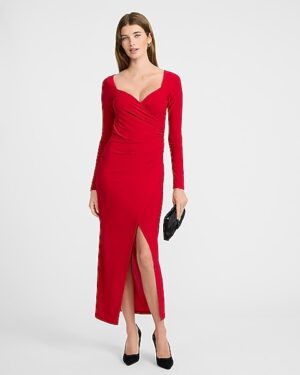 Jersey Sweetheart Long Sleeve Ruched Wrap Midi Dress