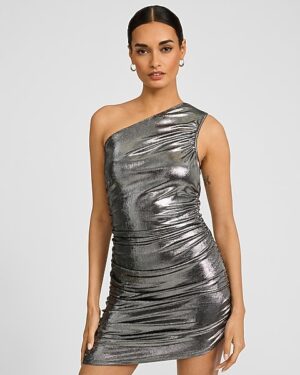 Metallic One Shoulder Ruched Mini Dress