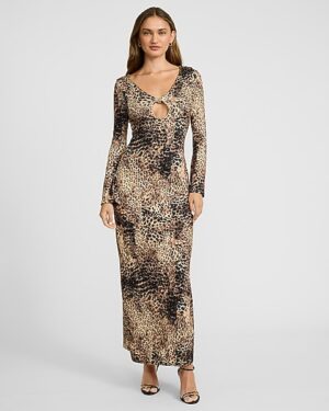 Leopard V-Neck Long Sleeve Keyhole Maxi Dress