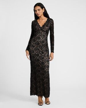 Sequin Lace V-Neck Long Sleeve Maxi Dress