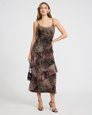 Leopard Mesh Scoop Neck Sleeveless Ruffle Midi Dress