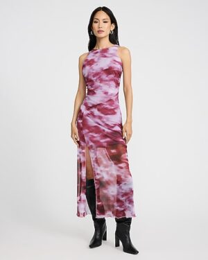 Printed Mesh Crew Neck Sleeveless Ruched Midi Dress