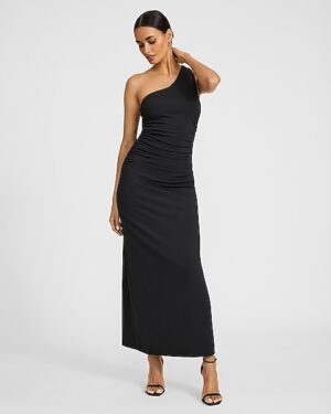 One Shoulder Hardware Ruched Maxi Sheath Dress