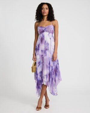 Printed Pleated Tie Halter Sweetheart Asymmetrical Midi Dress