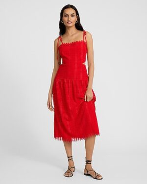 Lace Sleeveless Tie Strap Cutout Drop Waist Midi Dress