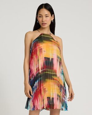 Printed Pleated Halter Neck Mini Dress