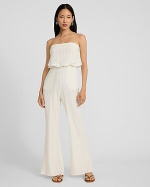 Textured Strapless Flare Leg Jumpsuit