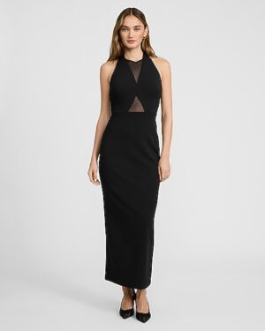 Mesh Pieced Halter Neck Sleeveless Maxi Dress