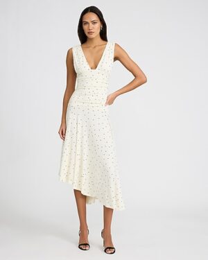 Polka Dot Asymmetrical Ruched Midi Dress