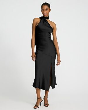 Satin Scarf Neck Sleeveless Midi Dress