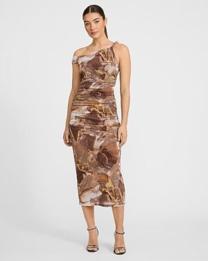 Printed Asymmetrical Off The Shoulder Ruched Midi Dress