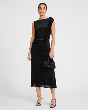 Velvet Boat Neck Cap Sleeve Ruched Midi Dress