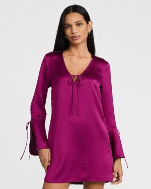 Satin V-Neck Bell Sleeve Bow Mini Dress