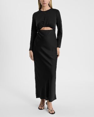 Satin Long Sleeve Cutout Twist Maxi Dress